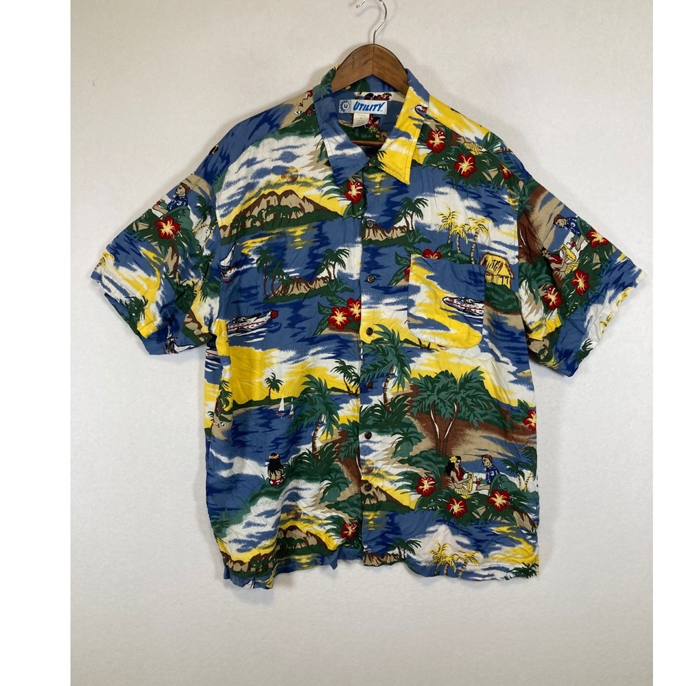 Tropical Scenic Utility Mens XL Blue Yellow Rayon Hula Dancer Hawaiian Shirt